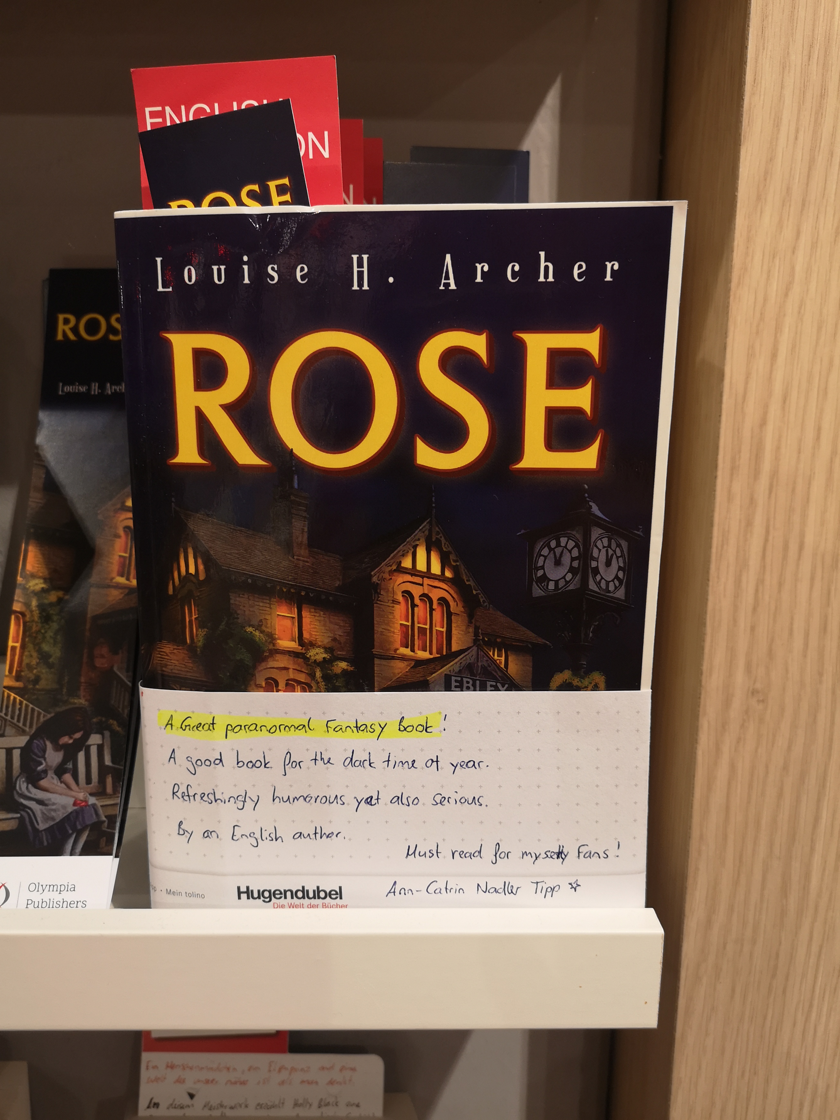 ROSE on the shelf at Hugendubel Hannover, with branch manager recommendation